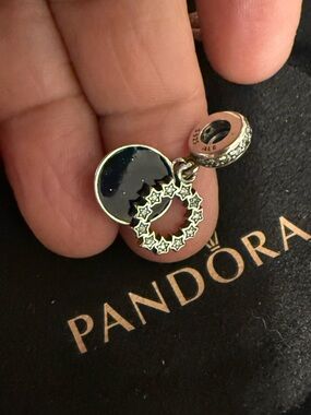 Pandora Silver Dangle Charm with Black Enamel and Star Halo